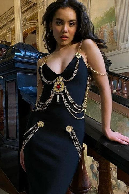 Setlla Metal Süslü V Yaka Midi Elbise