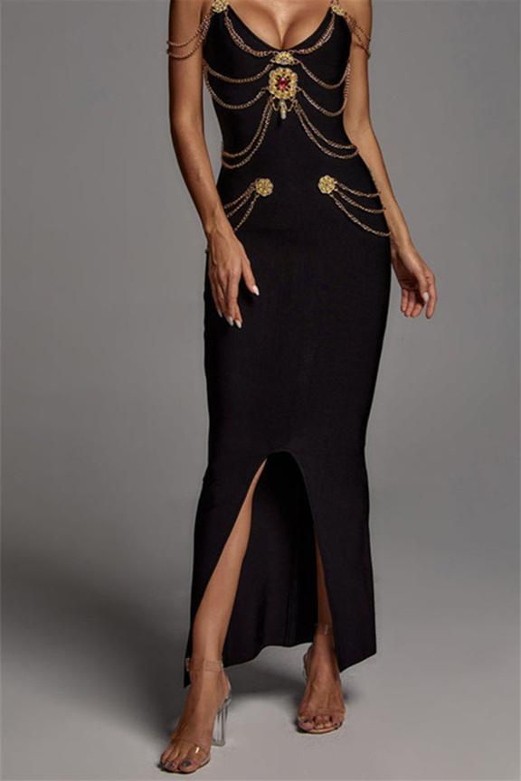 Setlla Metal Süslü V Yaka Midi Elbise