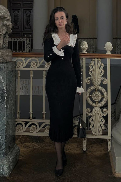 Sicilya Fırfırlı İnci Midi Örgü Elbise