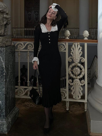 Sicilya Fırfırlı İnci Midi Örgü Elbise