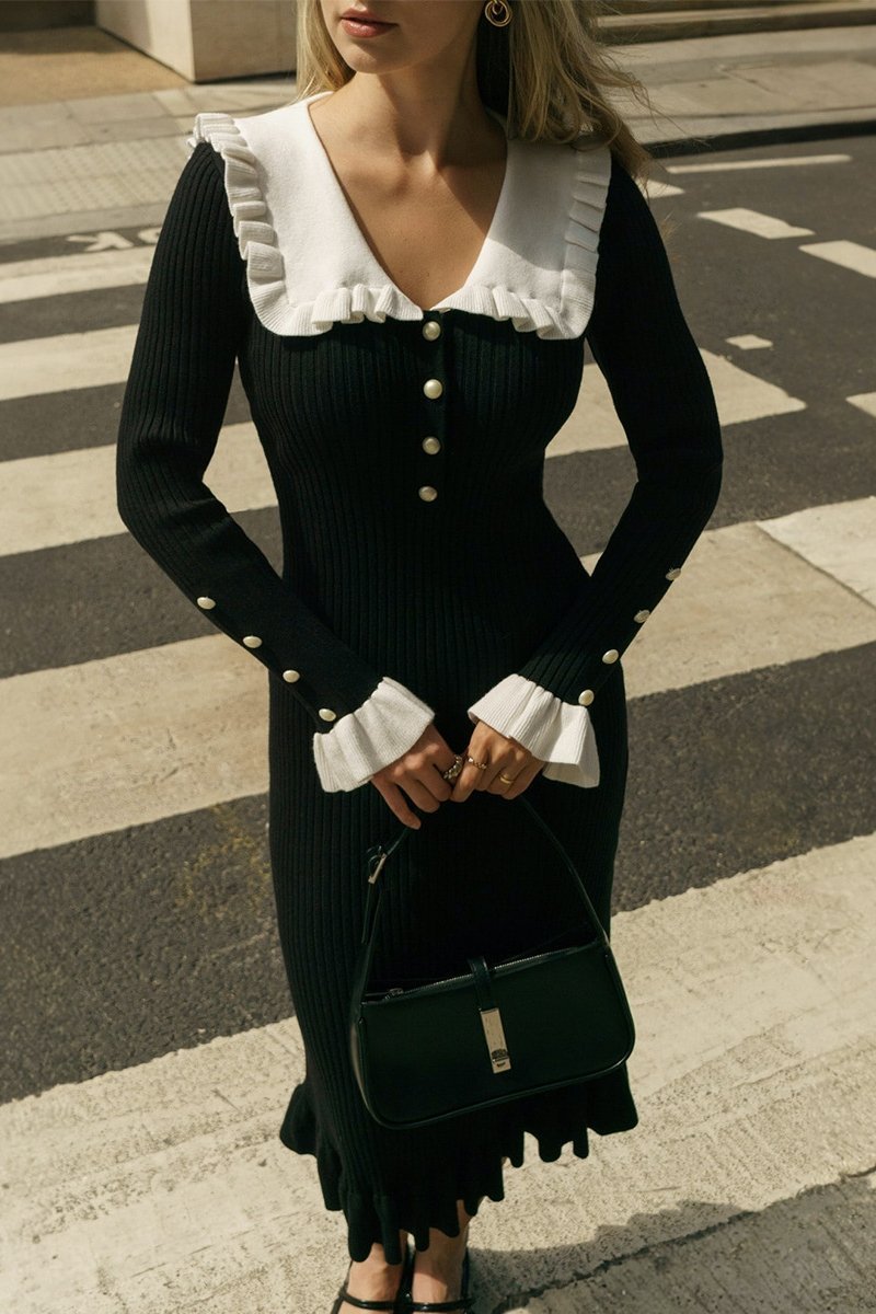 Sicilya Fırfırlı İnci Midi Örgü Elbise