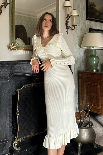 Sicilya Fırfırlı İnci Midi Örgü Elbise