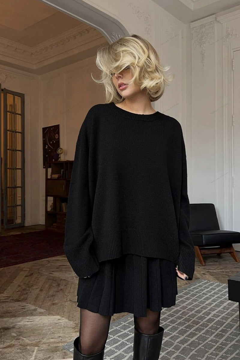 Düz Renk Kazak Yuvarlak Yaka Kazak Ve Pileli Etek Takımı