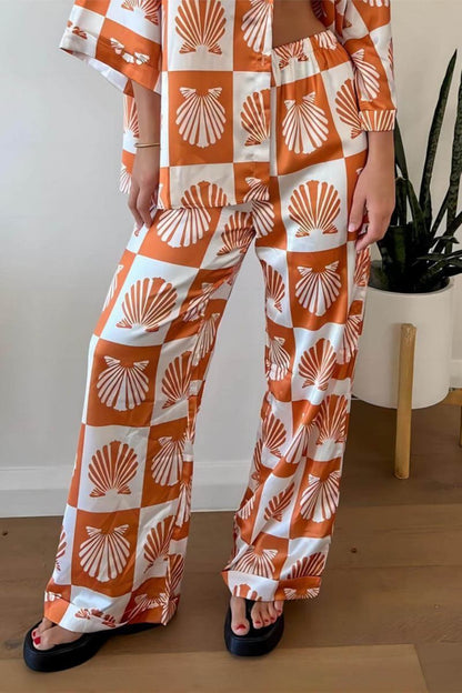 Özel Saten Kabuk Desenli Geniş Paça Pantolon Takımı